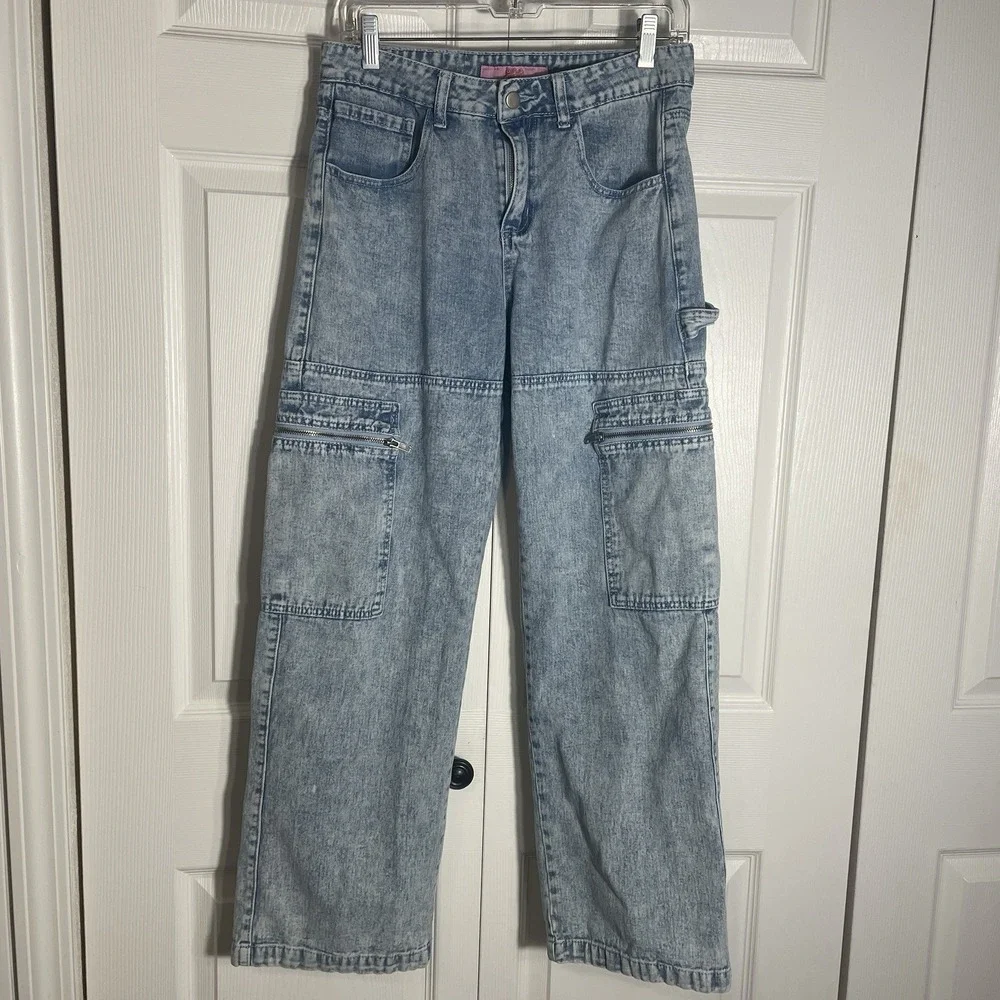 Vintage Y2K Sweet Stitch Cargo Jeans Women M Blue Light Wash Denim Baggy Utility